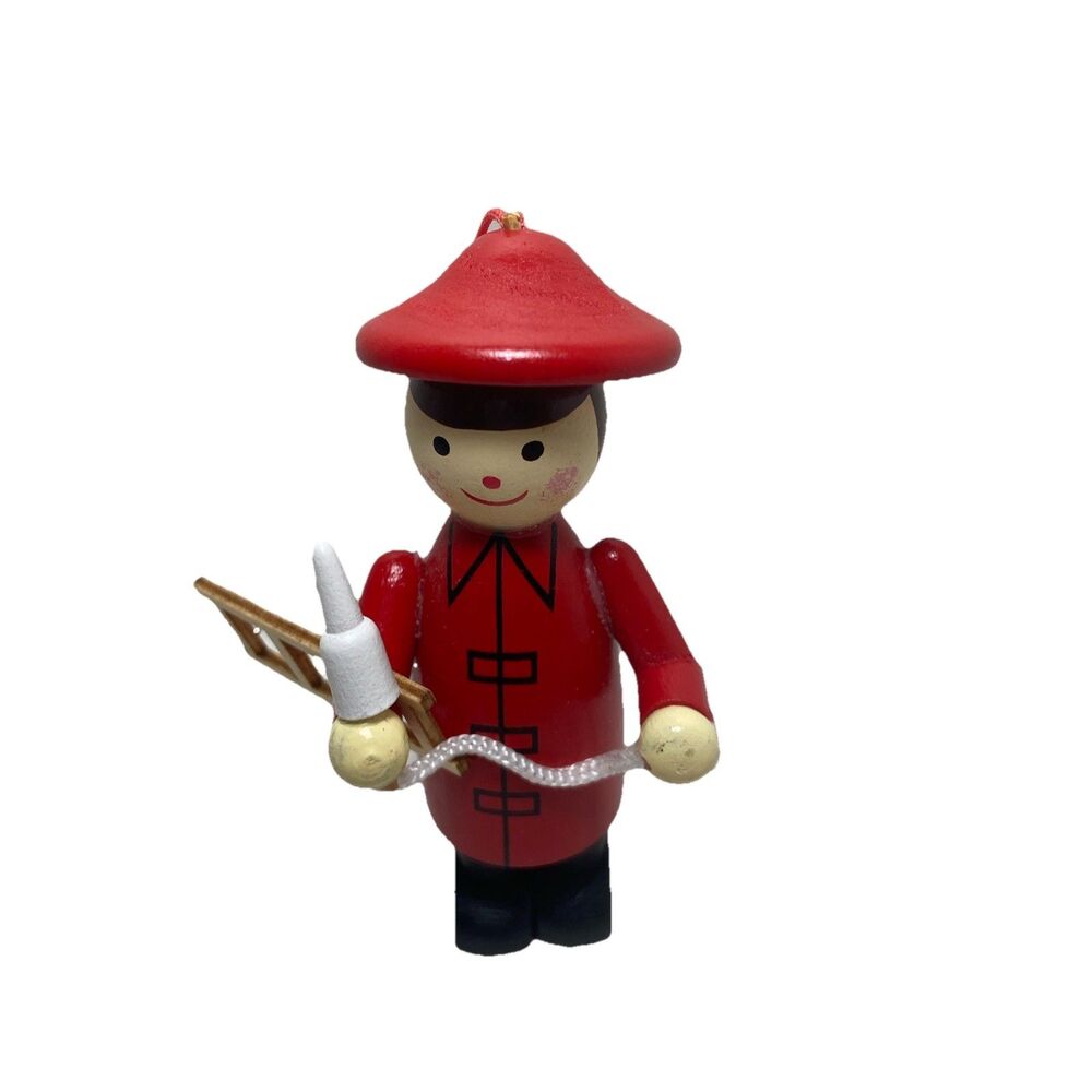 Midwest  Wooden Red Firefighter With Ladder and Hose Christmas Ornament  NWT